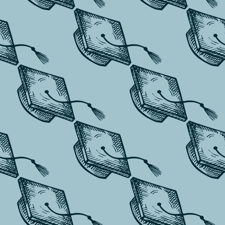 Graduate hats engraved seamless pattern. Vintage element education in hand drawn style. Sketch texture for fabric, wallpaper, textile, print, title, wrapping paper. vector illustration.のイラスト素材