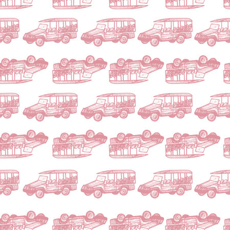 Safari bus engraved seamless pattern. Vintage adventure off road car in hand drawn style. Sketch texture for fabric, wallpaper, textile, print, title, wrapping paper. vector illustration.のイラスト素材