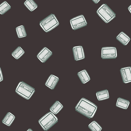 Retro radio engraved seamless pattern. Vintage media equipment in hand drawn style. Sketch texture...