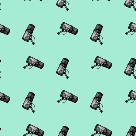 Microphone engraved seamless pattern. Music equipment for studio in hand drawn style. Sketch texture for fabric, wallpaper, textile, print, title, wrapping paper. vector illustration.のイラスト素材