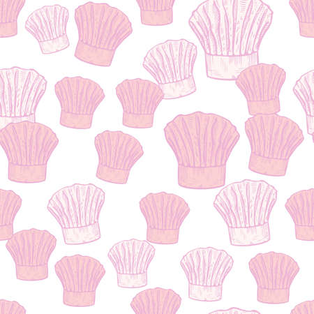 Chef hat engraved seamless pattern. Kitchen traditional element for cook in hand drawn style. Sketch texture for fabric, wallpaper, textile, print, title, wrapping paper. vector illustration.のイラスト素材