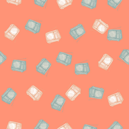 Retro TV engraved seamless pattern. Vintage television with antenna in hand drawn style. Sketch texture for fabric, wallpaper, textile, print, title, wrapping paper. vector illustration.のイラスト素材