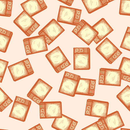 Retro TV engraved seamless pattern. Vintage television media in hand drawn style. Sketch texture for fabric, wallpaper, textile, print, title, wrapping paper. vector illustration.のイラスト素材