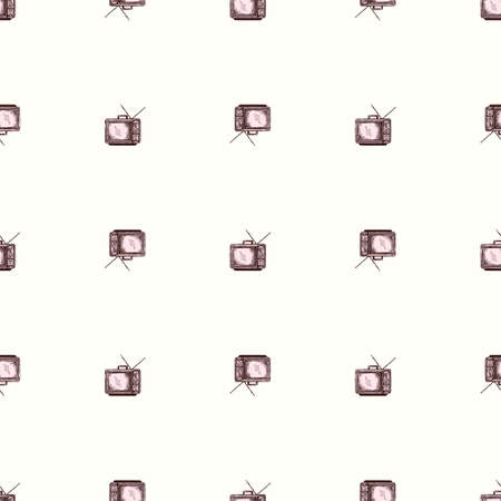 Retro TV with antenna engraved seamless pattern. Vintage television in hand drawn style. Sketch texture for fabric, wallpaper, textile, print, title, wrapping paper. vector illustration.のイラスト素材