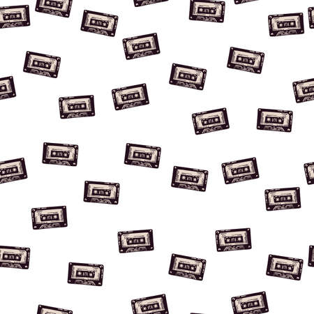 Audio cassette tape engraved seamless pattern. Vintage music cassette tape in hand drawn style. Sketch texture for fabric, wallpaper, textile, print, title, wrapping paper. vector illustration.のイラスト素材