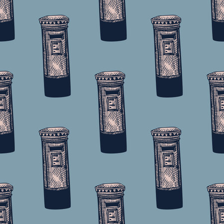 Mailbox engraved seamless pattern. Vintage letterbox in hand drawn style. Sketch texture for fabric,...
