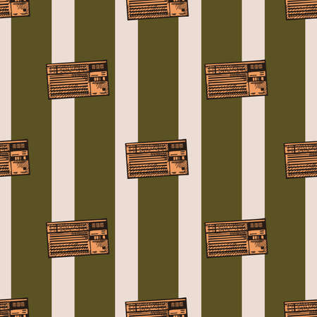 Retro radio engraved seamless pattern. Vintage media equipment in hand drawn style. Sketch texture for fabric, wallpaper, textile, print, title, wrapping paper. vector illustration.のイラスト素材