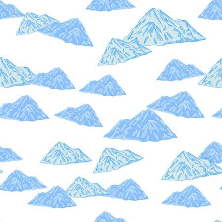 Mountain peak engraved seamless pattern. Vintage rock landscape in hand drawn style. Sketch texture for fabric, wallpaper, textile, print, title, wrapping paper. vector illustration.のイラスト素材