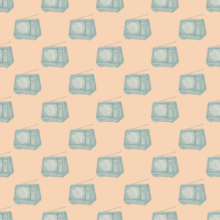 Retro TV engraved seamless pattern. Vintage television with antenna in hand drawn style. Sketch texture for fabric, wallpaper, textile, print, title, wrapping paper. vector illustration.のイラスト素材