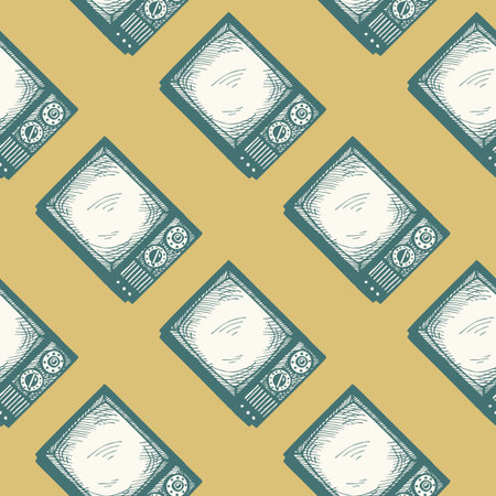 Retro TV engraved seamless pattern. Vintage television media in hand drawn style. Sketch texture for...