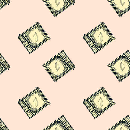 Retro TV engraved seamless pattern. Vintage television in hand drawn style. Sketch texture for fabric, wallpaper, textile, print, title, wrapping paper. vector illustration.のイラスト素材