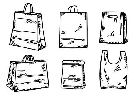 Set shopping bags sketched isolated. Doodle packages in hand drawn style. Engraved design for poster, marketing, print, book illustration,  icon, tattoo. Vintage vector illustration.のイラスト素材