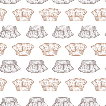 High chef hat engraved seamless pattern. Kitchen traditional element in hand drawn style. Sketch texture for fabric, wallpaper, textile, print, title, wrapping paper. vector illustration.のイラスト素材