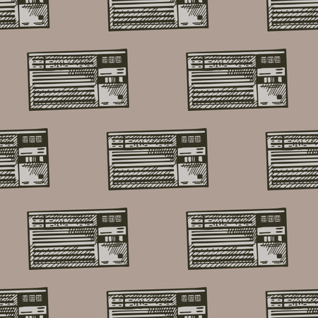 Retro radio engraved seamless pattern. Vintage media equipment in hand drawn style. Sketch texture for fabric, wallpaper, textile, print, title, wrapping paper. vector illustration.のイラスト素材