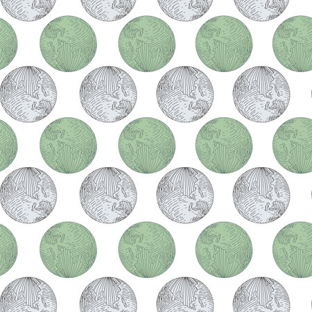 Planet earth engraved seamless pattern. Vintage sphere of the world in hand drawn style. Sketch texture for fabric, wallpaper, textile, print, title, wrapping paper. vector illustration.のイラスト素材