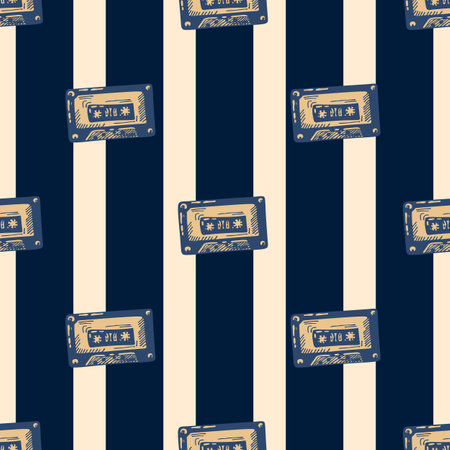 Audio cassette tape engraved seamless pattern. Vintage music cassette tape in hand drawn style. Sketch texture for fabric, wallpaper, textile, print, title, wrapping paper. vector illustration.のイラスト素材