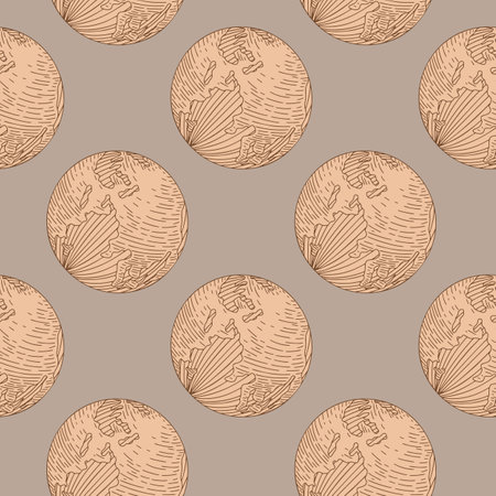 Planet earth engraved seamless pattern. Vintage sphere of the world in hand drawn style. Sketch texture for fabric, wallpaper, textile, print, title, wrapping paper. vector illustration.のイラスト素材