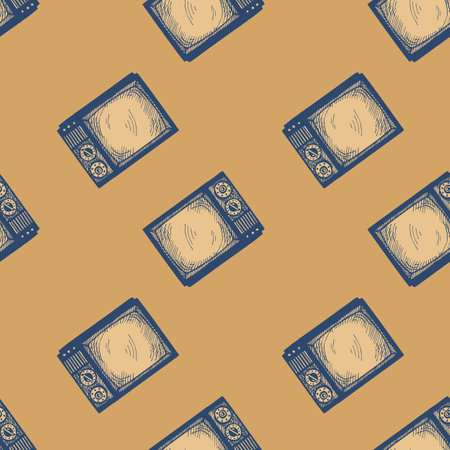 Retro TV engraved seamless pattern. Vintage television media in hand drawn style. Sketch texture for fabric, wallpaper, textile, print, title, wrapping paper. vector illustration.のイラスト素材