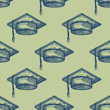 Graduate hat engraved seamless pattern. Vintage element education in hand drawn style.のイラスト素材