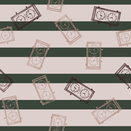 Chess clock engraved seamless pattern. Retro watch for chess game in hand drawn style.のイラスト素材