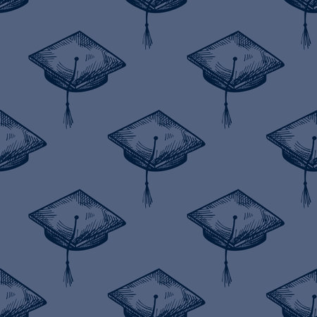 Graduate hat engraved seamless pattern. Vintage element education in hand drawn style.のイラスト素材