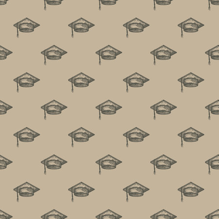 Graduate hat engraved seamless pattern. Vintage element education in hand drawn style.のイラスト素材
