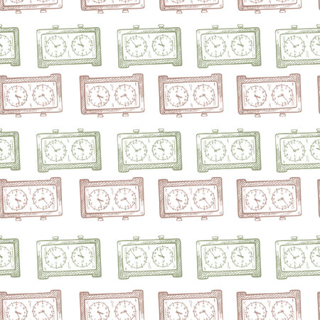 Chess clock engraved seamless pattern. Retro watch for chess game in hand drawn style.のイラスト素材