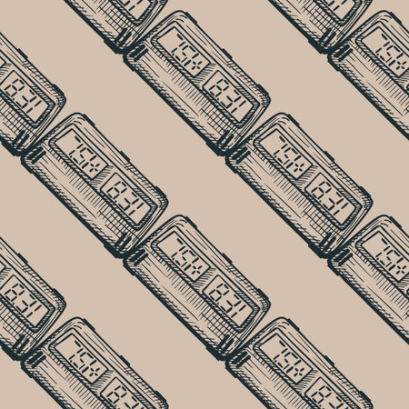 Chess clock electric engraved seamless pattern. Retro watch for chess game in hand drawn style.のイラスト素材