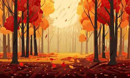 Autumn forest with lots of trees and leaves on the ground and a path. Created with generative AI toolsの素材