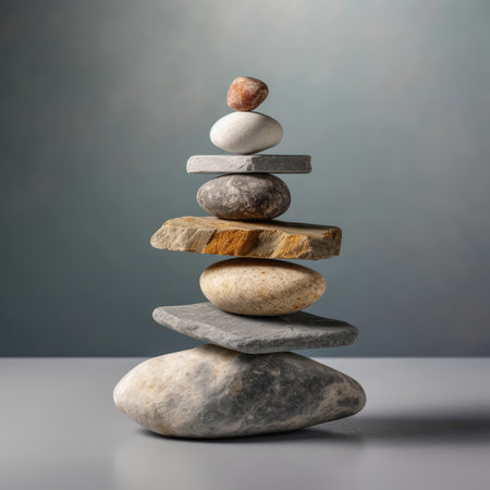 Stones balance. Pebbles pyramid on gray background. For banner, postcard, book illustration. Created with generative AI toolsの素材