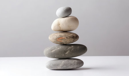 Stones balance. Pebbles pyramid on gray background. For banner, postcard, book illustration. Created with generative AI toolsの素材