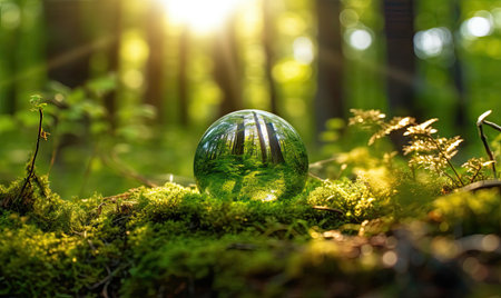 Summer forest with transparent sphere. Natural background for Earth Day. For banner, postcard, book illustration. Created with generative AI toolsの素材