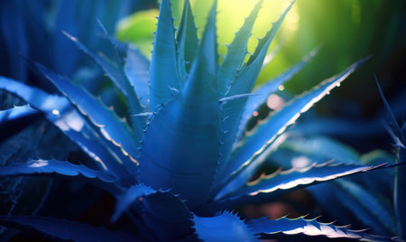 Blue agave textured wallpaper. Creative tropical succulents banner. For postcard, book illustration, card. Created with generative AI toolsの素材