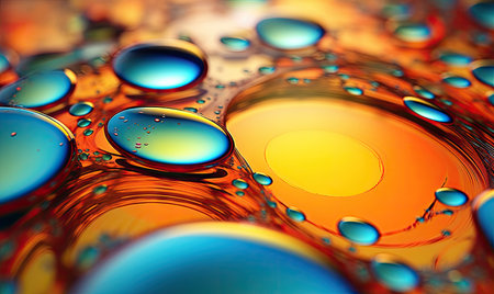 Abstract liquid wallpaper. Drops of oil on the surface of the water.Background of a chemical reaction. For banner, postcard, book illustration. Created with generative AI toolsの素材