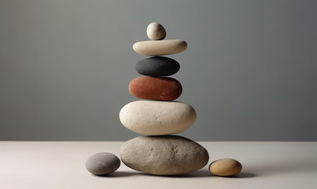 Stones of balance. Pebbles pyramid on gray background. For banner, postcard, book illustration. Created with generative AI toolsの素材