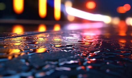 Wet road made of paving stones. Road, light, rain. background. For banner, postcard, book illustration Created with generative AI toolsの素材
