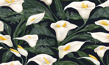 Pattern with Calla on green background. flower texture. Created with generative AI toolsの素材