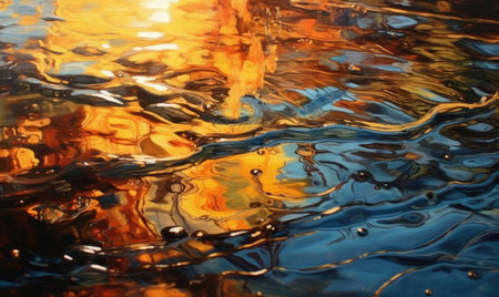 Drops of water on a multicolored surface. Dew in the sunset wallpaper. For banner, postcard, book illustration. Created with generative AI toolsの素材