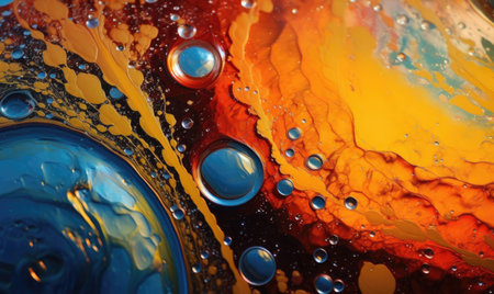 Abstract liquid wallpaper. Drops of oil on the surface of the water.Background of a chemical reaction. For banner, postcard, book illustration. Created with generative AI toolsの素材