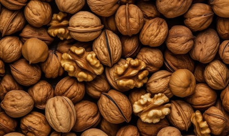 Walnut heap background. Kernel nuts wallpaper. For banner, postcard, book illustration. Created with generative AI toolsの素材