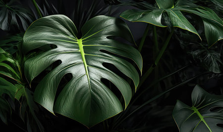 monstera leaf wallpaper. Tropical foliage background. natural textured. For postcard, book illustration, card. Created with generative AI toolsの素材