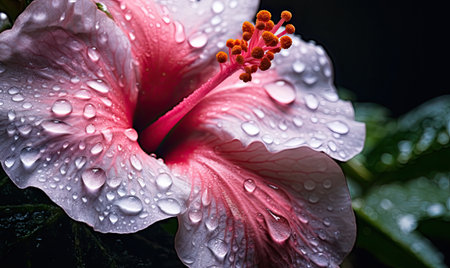 Hibiscus with drops water wallpaper. Tropical flower background. For banner, postcard, book illustration, card. Created with generative AI toolsの素材