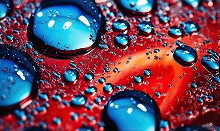 Multicolored drops of water on surface. Water in the red wallpaper. For banner, postcard, book illustration, card. Created with generative AI toolsの素材