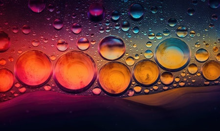 Abstract liquid wallpaper. Drops of oil on the surface of the water.Background of a chemical reaction. For banner, postcard, book illustration, card. Created with generative AI toolsの素材