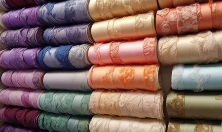 Rolls of fabric. Textiles on the background of the atelier. Fashionable fabrics for clothes, card. Created with generative AI toolsの素材