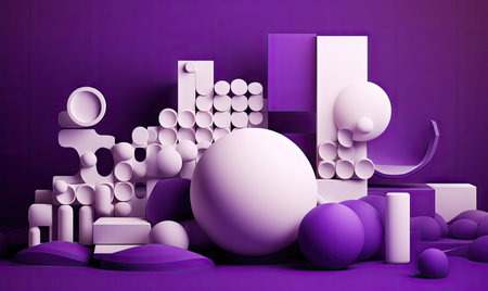 Abstract composition of geometric shapes scene. Cube, cylinder, square, pyramid. minimalistic style. For banner, postcard, book illustration, card. Created with generative AI toolsの素材