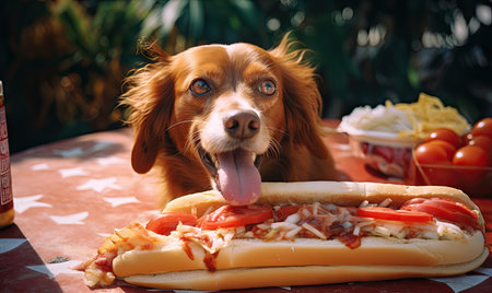 Mischievous dog caught in the act, savoring a stolen hot dog with sheer delight. Created with generative AI toolsの素材