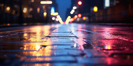 Wet asphalt with neon light. Blurred background, night lights, reflection. Road rain. background. Created with generative AI toolsの素材
