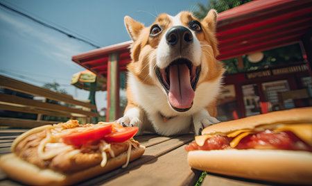 Mischievous corgi about to indulge in a stolen treat. Playful dog in a cozy cafe setting, eagerly eyeing a tempting hot dog on a wooden table. Created with generative AI toolsの素材