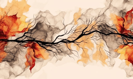 Watercolor autumn twigs with leaves background. plant golden wallpaper. For banner, postcard, book illustration, card. Created with generative AI toolsの素材